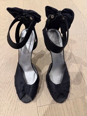 Stuart Weitzman Black Bow Ankle-Strap Peep-Toe Heels with Silver Insole